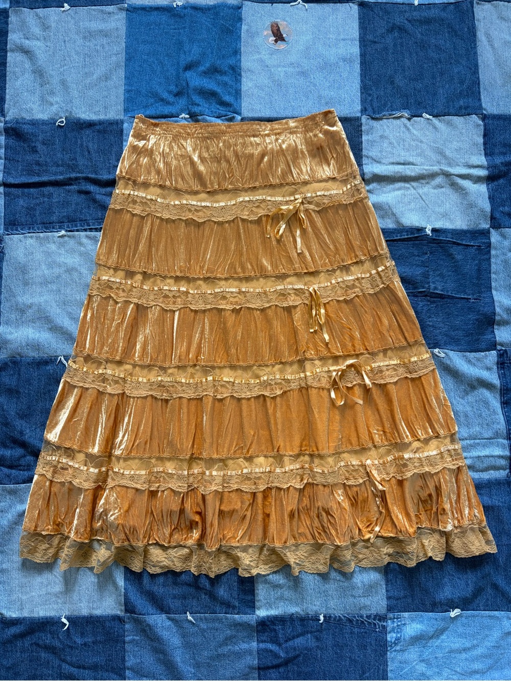 Velvet lace tiered midi skirt vintage passport yellow gold bow ribbon size M